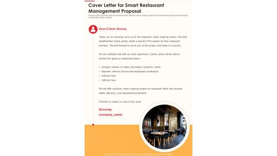 Cover Letter For Smart Restaurant Management Proposal One Pager Sample Example Document