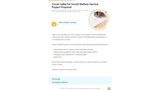 Cover Letter For Social Welfare Service Project Proposal One Pager Sample Example Document
