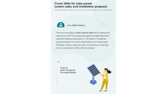 Cover Letter For Solar Power System Sales And Installation One Pager Sample Example Document