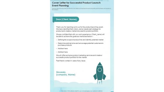 Cover Letter For Successful Product Launch Event Planning One Pager Sample Example Document