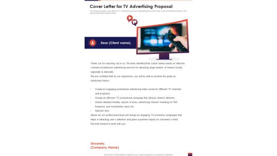 Cover Letter For TV Advertising Proposal One Pager Sample Example Document