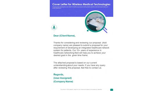 Cover Letter For Wireless Medical Technologies One Pager Sample Example Document
