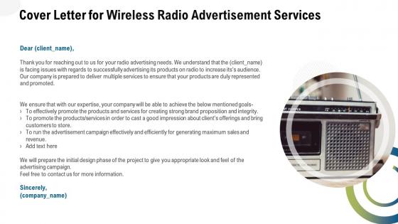 Cover letter for wireless radio advertisement services ppt slides template