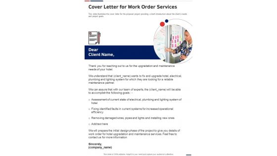 Cover Letter For Work Order Services One Pager Sample Example Document