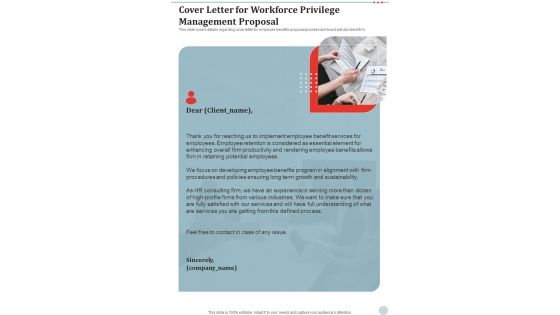 Cover Letter For Workforce Privilege Management Proposal One Pager Sample Example Document