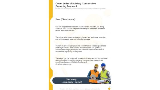 Cover Letter Of Building Construction Financing Proposal One Pager Sample Example Document