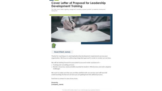 Cover Letter Of Proposal For Leadership Development Training One Pager Sample Example Document