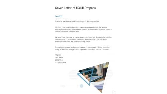 Cover Letter Of Ux Ui Proposal One Pager Sample Example Document