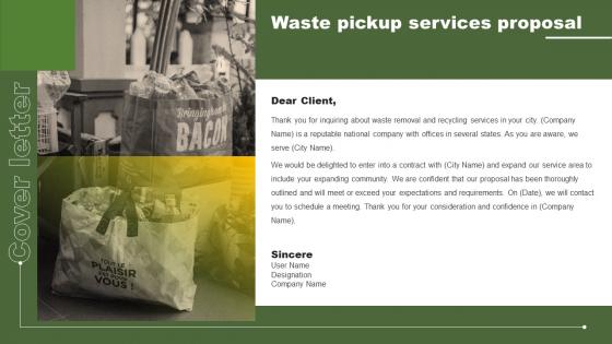 Cover Letter Waste Pickup Services Proposal Ppt Powerpoint Presentation Model Slide