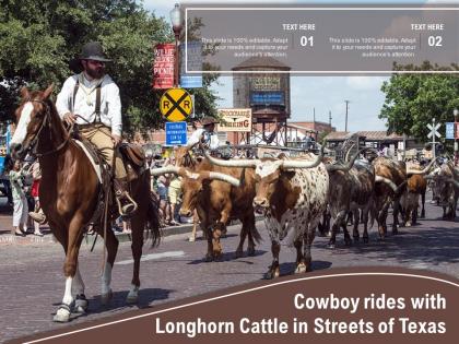 Cowboy rides with longhorn cattle in streets of texas