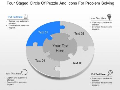 Cq four staged circle of puzzle and icons for problem solving powerpoint template