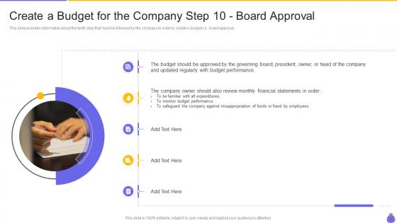 Create a budget for the company step 10 approval essential components and strategies