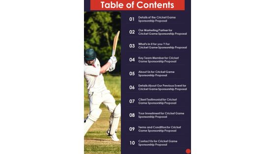 Cricket Game Sponsorship Proposal Table Of Contents One Pager Sample Example Document
