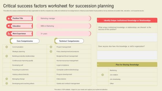 Critical Success Factors Worksheet For Succession Planning Succession Planning Guide