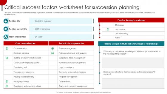 Critical Success Factors Worksheet For Succession Planning Talent Management And Succession