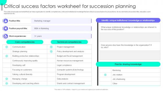 Critical Success Factors Worksheet Succession Planning To Prepare Employees For Leadership Roles