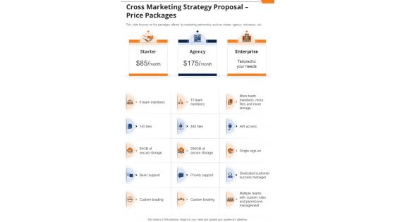 Cross Marketing Strategy Proposal Price Packages One Pager Sample Example Document