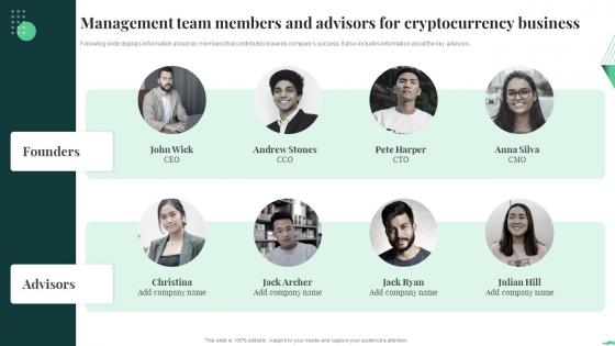 Crypto Business Investor Pitch Deck Management Team Members And Advisors For Cryptocurrency Business