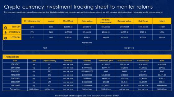 Crypto Currency Investment Tracking Sheet To Monitor Returns