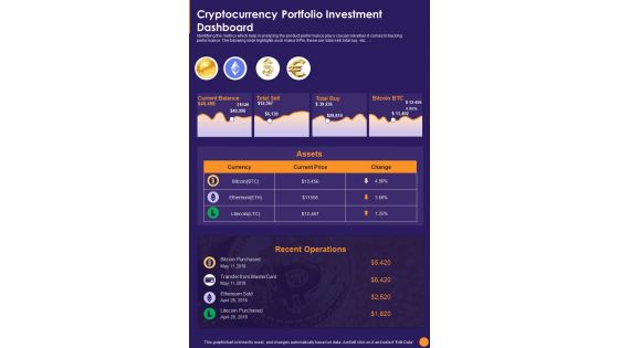 Cryptocurrency Portfolio Investment Dashboard One Pager Sample Example Document