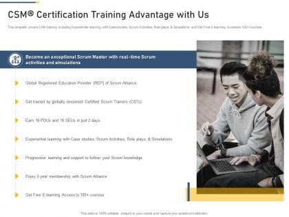 Csm certification training advantage with us professional scrum master training proposal it ppt rules