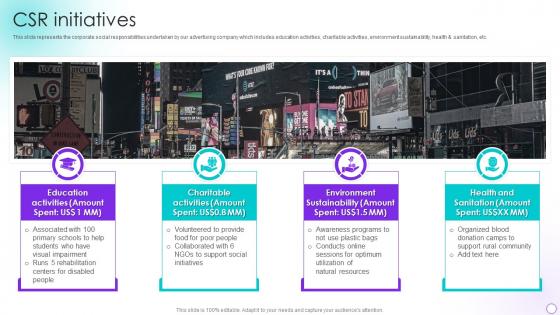 Csr Initiatives Promotional Services Company Profile Ppt Slides Background Images