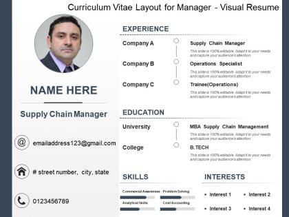 Curriculum vitae layout for manager visual resume