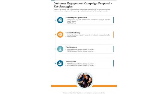 Customer Engagement Campaign Proposal Key Strategies One Pager Sample Example Document