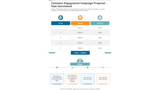 Customer Engagement Campaign Proposal Your Investment One Pager Sample Example Document
