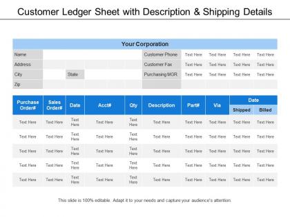 Customer ledger sheet with description and shipping details
