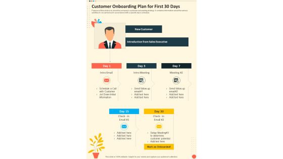 Customer Onboarding Plan For First 30 Days One Pager Sample Example Document