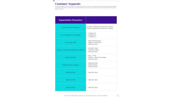 Customer Segments Business Playbook One Pager Sample Example Document