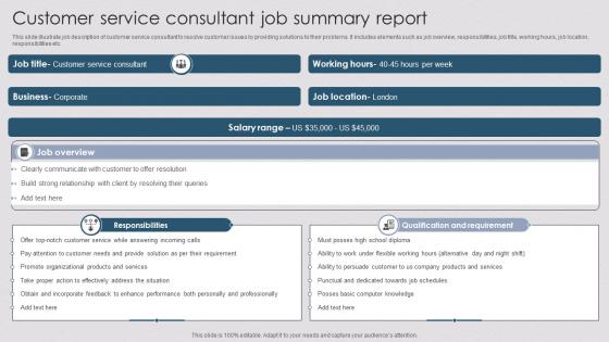 Customer Service Consultant Job Summary Report