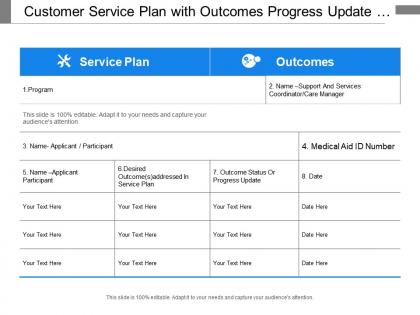 Customer service plan with outcomes progress update support and date