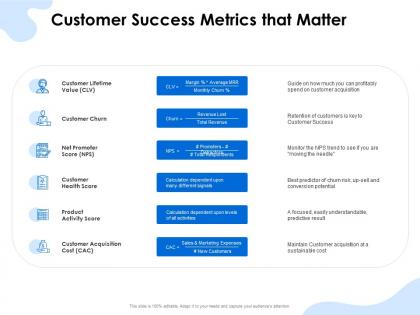 Customer success metrics that matter health score ppt presentation styles icon