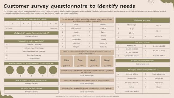 Customer Survey Questionnaire To Identify Needs Strategic Guide For Market MKT SS V