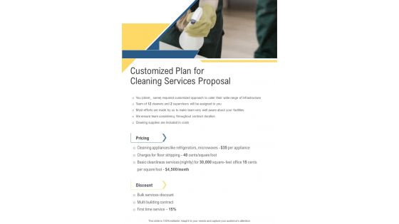 Customized Plan For Cleaning Services Proposal One Pager Sample Example Document