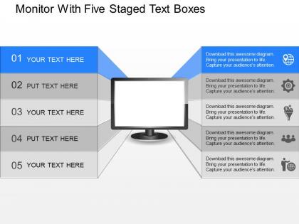 Da monitor with five staged text boxes powerpoint template