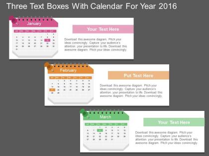 Da three text boxes with calendar for year 2016 flat powerpoint design
