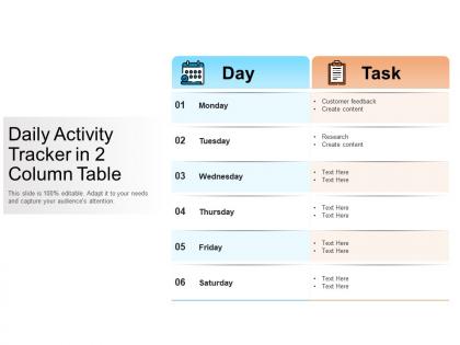 Daily activity tracker in 2 column table
