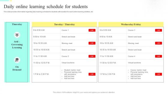Daily Online Learning Schedule For Students Distance Training Playbook Ppt Slides Infographic Template