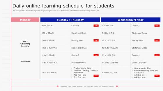 Daily Online Learning Schedule For Students E Learning Playbook Ppt Styles Background Image