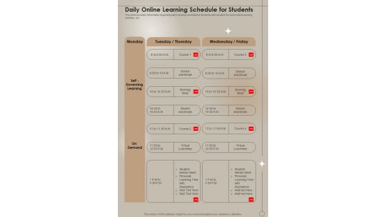 Daily Online Learning Schedule For Students One Pager Sample Example Document