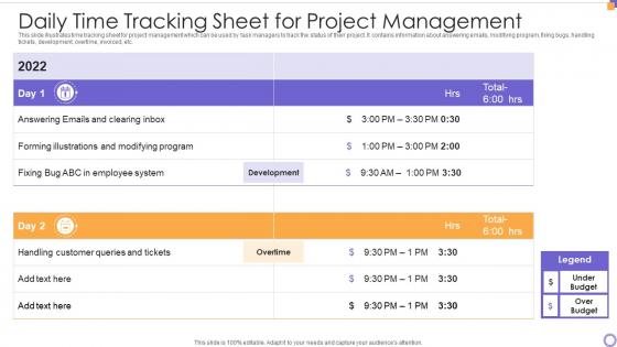 Daily Time Tracking Sheet For Project Management