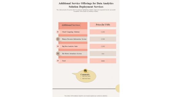 Data Analytics Solution Deployment For Additional Service One Pager Sample Example Document