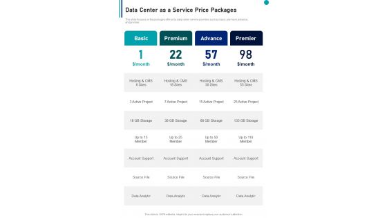 Data Center As A Service Price Packages One Pager Sample Example Document