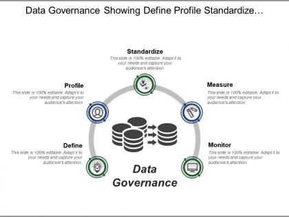 Data governance showing define profile standardize measure and monitor