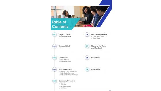 Data Processing Center Service Table Of Contents One Pager Sample Example Document