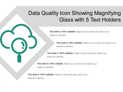Data quality icon showing magnifying glass with 5 text holders