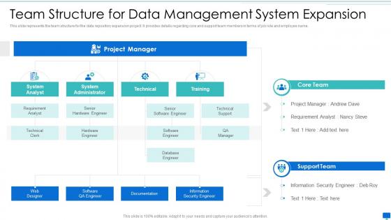 Data storage system optimization action plan team structure for data management system expansion